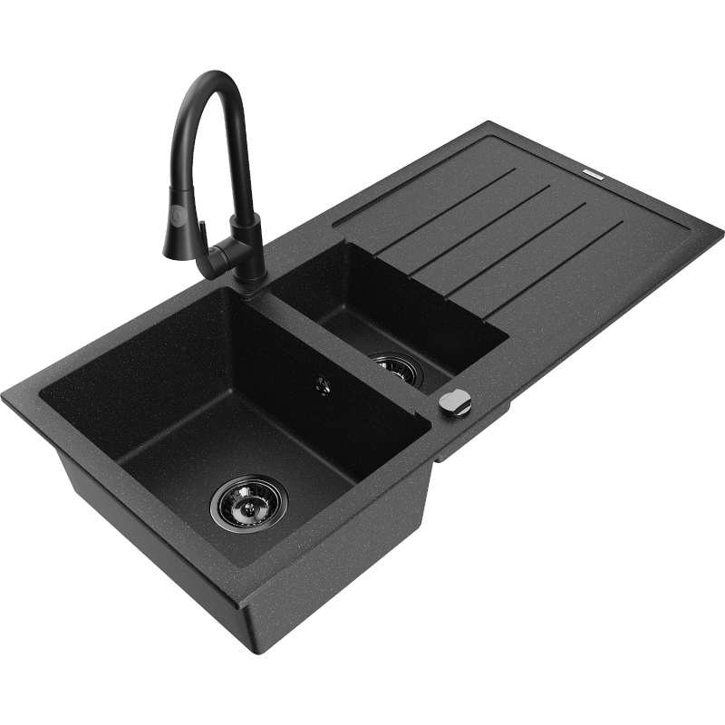 Mexen Andres chiuvetă de granit cu 1,5 compartimente, cu picurător și cu baterie de bucătărie Elia, negru/argintiu