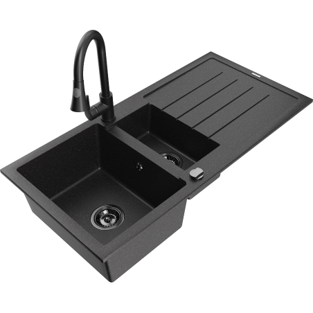 Mexen Andres chiuvetă de granit cu 1,5 compartimente, cu picurător și cu baterie de bucătărie Elia, negru/argintiu