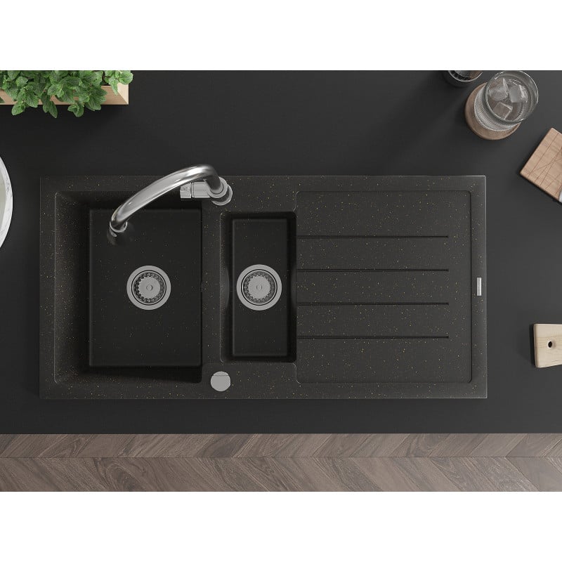 Mexen Andres chiuvetă de granit cu 1,5 cuve cu picurător și baterie de bucătărie Elia, negru/auriu metalic