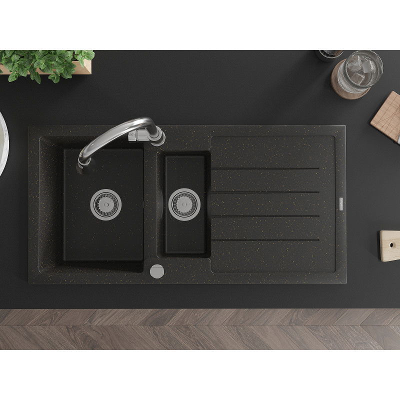 Mexen Andres gránit 1,5-medencés mosogató lecsurgóval és Elia konyhai csapteleppel, fekete/arany metál - 6515-75-670101-00