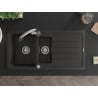 Mexen Andres chiuvetă de granit cu 1,5 cuve cu picurător și baterie de bucătărie Elia, negru/auriu metalic