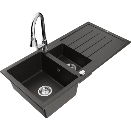 Mexen Andres chiuvetă de granit cu 1,5 cuve cu picurător și baterie de bucătărie Elia, negru/auriu metalic