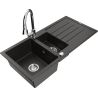 Mexen Andres chiuvetă de granit cu 1,5 cuve cu picurător și baterie de bucătărie Elia, negru/auriu metalic