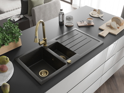 Mexen Andres chiuvetă granit 1,5-camere cu scurgător și baterie bucătărie Elia, negru/auriu metalic - 6515-75-670101-50