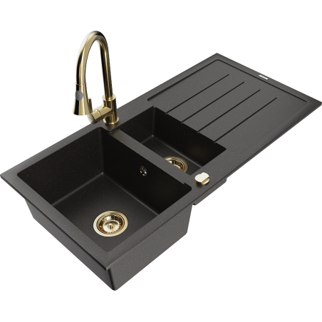 Mexen Andres chiuvetă granit 1,5-camere cu scurgător și baterie bucătărie Elia, negru/auriu metalic - 6515-75-670101-50