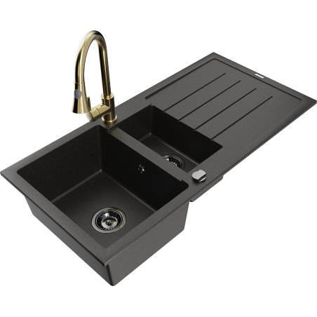 Mexen Andres chiuvetă de bucătărie din granit cu 1,5 cuve, cu scurgător și baterie Elia, negru/auriu metalic