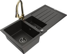 Mexen Andres chiuvetă de bucătărie din granit cu 1,5 cuve, cu scurgător și baterie Elia, negru/auriu metalic