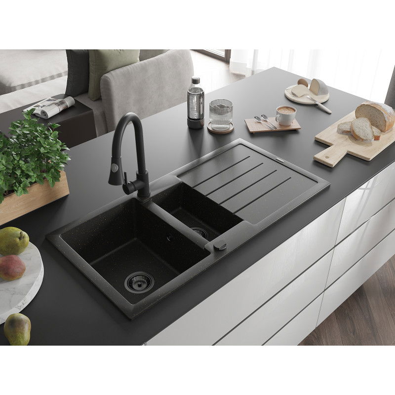 Mexen Andres gránit mosogató 1,5 kamrás csepegtetővel és Elia konyhai csapteleppel, fekete/arany metál - 6515-75-670101-70-B
