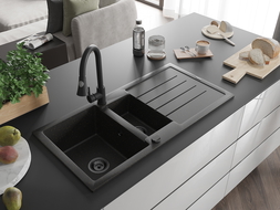 Mexen Andres chiuvetă de bucătărie din granit cu 1,5 cuve, cu scurgător și baterie de bucătărie Elia, negru/auriu metalic