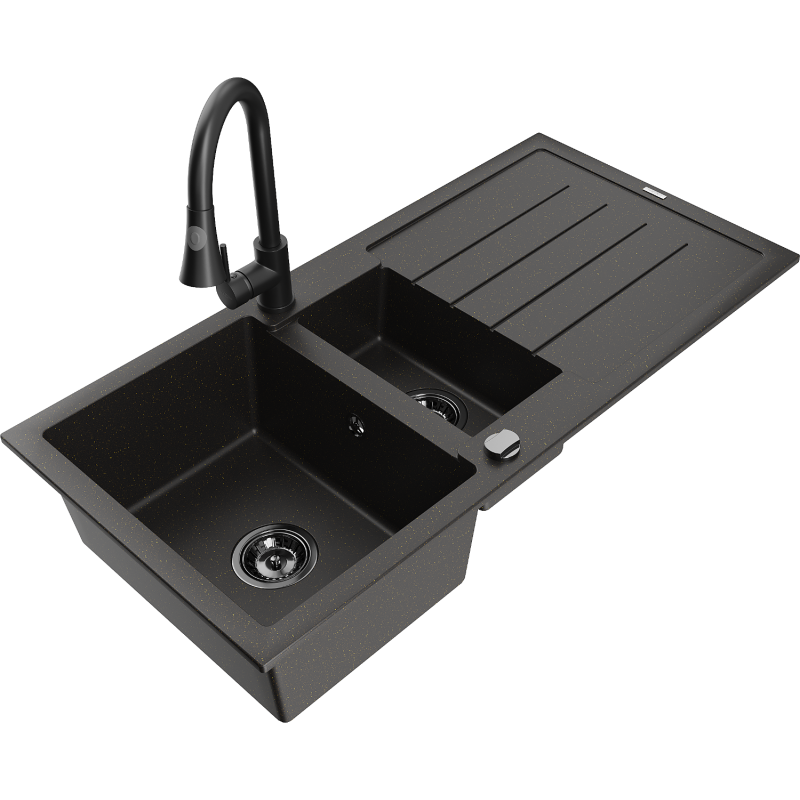 Mexen Andres chiuvetă de bucătărie din granit cu 1,5 cuve, cu scurgător și baterie de bucătărie Elia, negru/auriu metalic