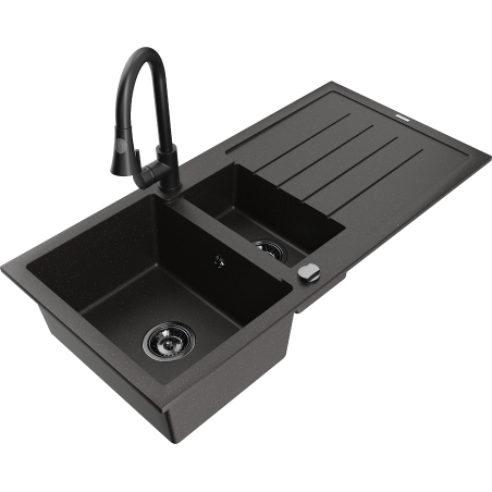 Mexen Andres chiuvetă de bucătărie din granit cu 1,5 cuve, cu scurgător și baterie de bucătărie Elia, negru/auriu metalic