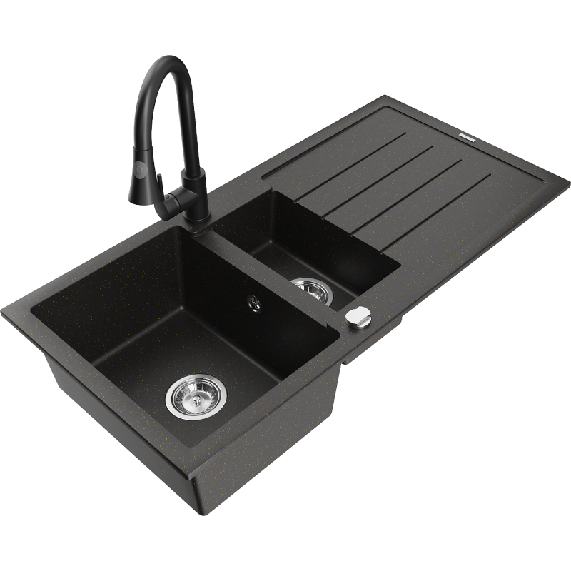 Mexen Andres chiuvetă de granit cu 1,5 compartimente cu scurgător și baterie de bucătărie Elia, negru/auriu metalic