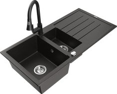 Mexen Andres 1,5-medencés gránit mosogató csepegtetővel és Elia konyhai csapteleppel, fekete/arany metál - 6515-75-670101-70