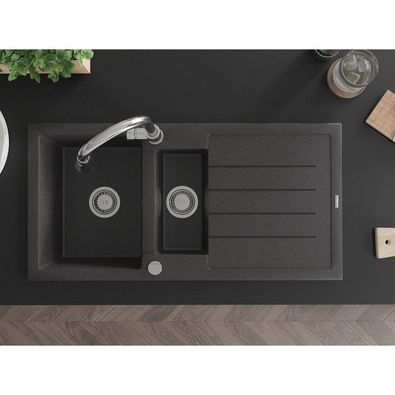 Mexen Andres chiuvetă de granit 1,5-camere cu scurgător și baterie de bucătărie Elia, negru cu pete - 6515-76-670101-00