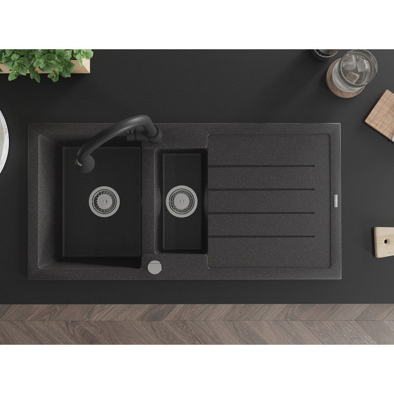 Mexen Andres 1,5-medencés, csepegtetős gránit mosogató Elia konyhai csapteleppel, fekete pöttyös - 6515-76-670101-70
