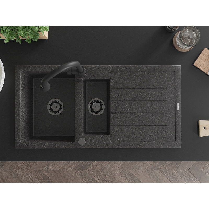 Mexen Andres 1,5 rekeszes gránit mosogató csepegtetővel és Elia konyhai csappal, fekete pöttyös - 6515-76-670101-70-B