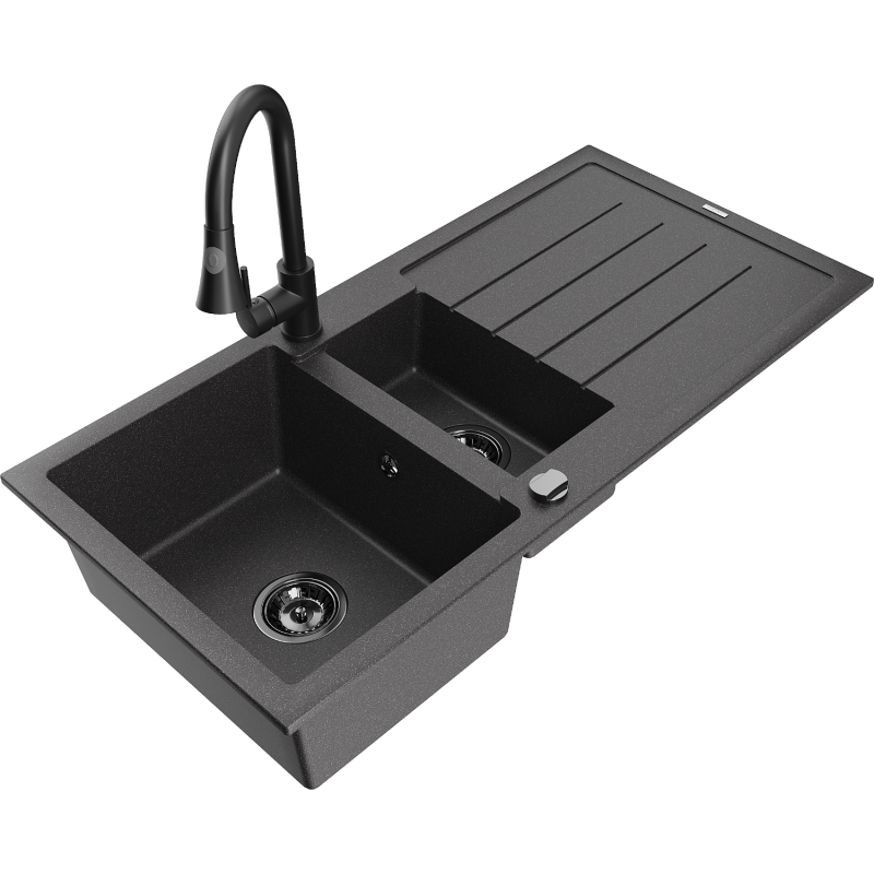 Mexen Andres 1,5 rekeszes gránit mosogató csepegtetővel és Elia konyhai csappal, fekete pöttyös - 6515-76-670101-70-B