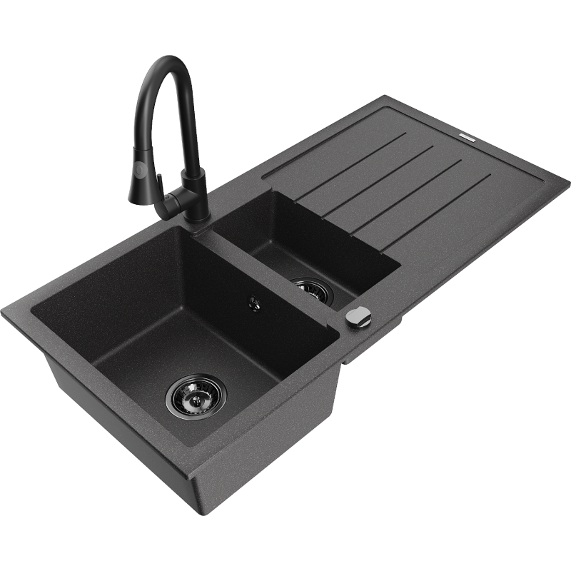 Mexen Andres chiuvetă din granit 1,5 compartimente cu scurgător și baterie de bucătărie Elia, negru pătat