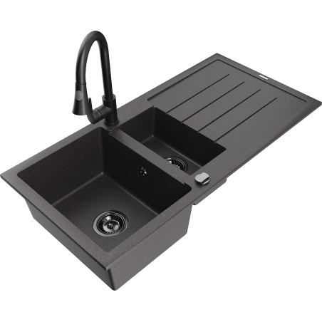 Mexen Andres 1,5 rekeszes gránit mosogató csepegtetővel és Elia konyhai csappal, fekete pöttyös - 6515-76-670101-70-B