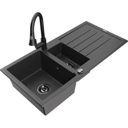 Mexen Andres chiuvetă din granit 1,5 compartimente cu scurgător și baterie de bucătărie Elia, negru pătat