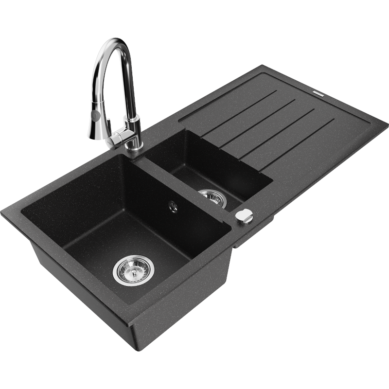 Mexen Andres chiuvetă de granit cu 1,5 compartimente cu picurător și baterie de bucătărie Elia, negru/argintiu metalic
