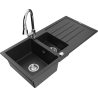Mexen Andres chiuvetă de granit cu 1,5 compartimente cu picurător și baterie de bucătărie Elia, negru/argintiu metalic