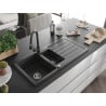 Mexen Andres chiuvetă din granit cu 1,5 camere cu scurgător și baterie de bucătărie Elia, negru pătat - 6515-76-670101-76