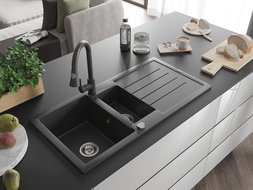 Mexen Andres chiuvetă din granit cu 1,5 camere cu scurgător și baterie de bucătărie Elia, negru pătat - 6515-76-670101-76