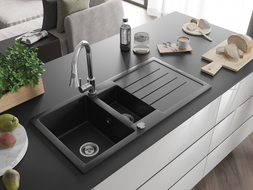 Mexen Andres gránit 1,5 medencés mosogató csepptálcával és konyhai csappal Elia, fekete - 6515-77-670101-00