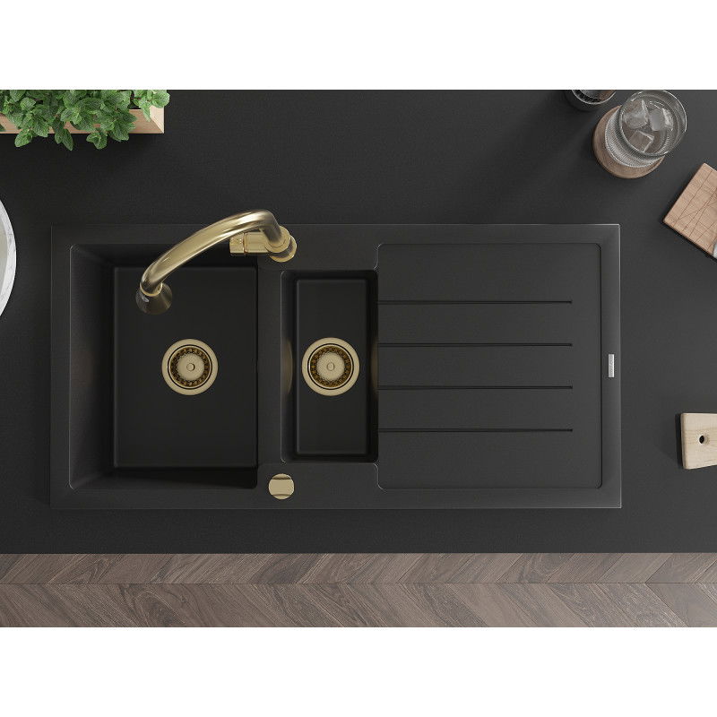 Mexen Andres 1,5-medencés gránit mosogató csepegtetővel és Elia konyhai csapteleppel, fekete - 6515-77-670101-50