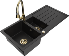 Mexen Andres 1,5-medencés gránit mosogató csepegtetővel és Elia konyhai csapteleppel, fekete - 6515-77-670101-50