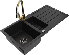 Mexen Andres 1,5-kamrás gránit mosogató lefolyóval és Elia konyhai csappal, fekete - 6515-77-670101-50-B
