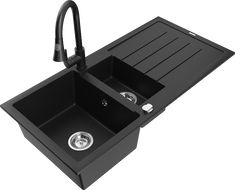 Mexen Andres chiuvetă de granit cu 1,5 cuve, cu picurător și baterie de bucătărie Elia, negru - 6515-77-670101-70