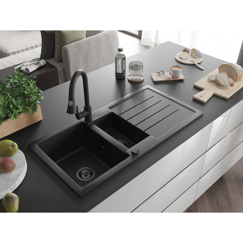 Mexen Andres chiuvetă granit 1,5-boţi cu scurgător și baterie bucătărie Elia, negru - 6515-77-670101-70-B