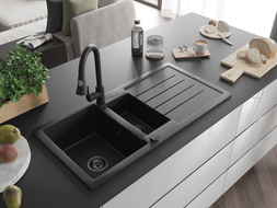 Mexen Andres chiuvetă granit 1,5-boţi cu scurgător și baterie bucătărie Elia, negru - 6515-77-670101-70-B