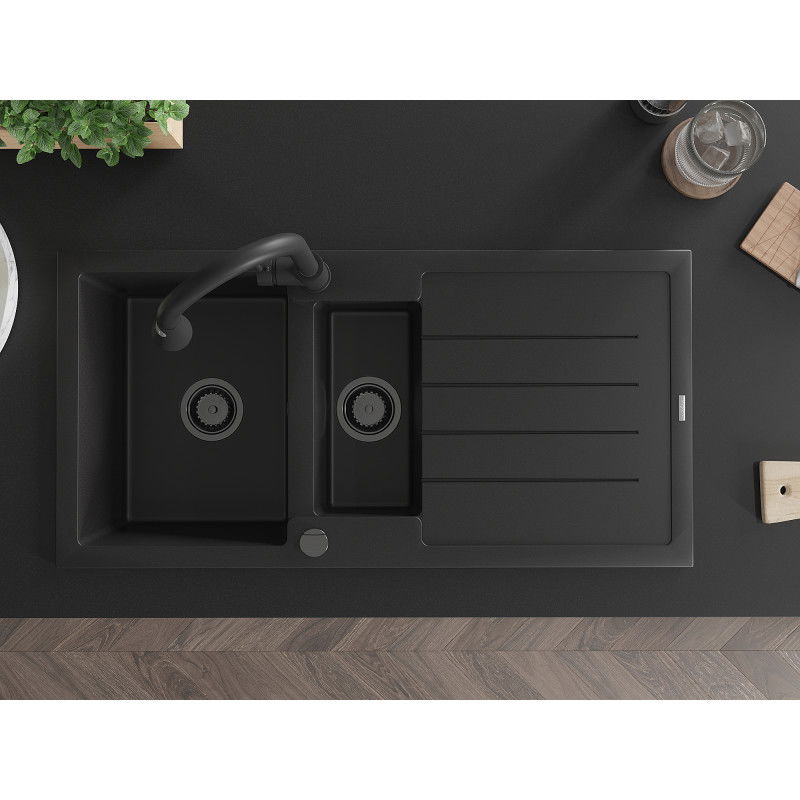 Mexen Andres chiuvetă granit 1,5-boţi cu scurgător și baterie bucătărie Elia, negru - 6515-77-670101-70-B