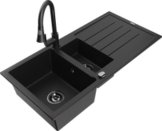 Mexen Andres gránit mosogató 1,5 kamrás, csepegtetővel és Elia konyhai csapteleppel, fekete - 6515-77-670101-70-B