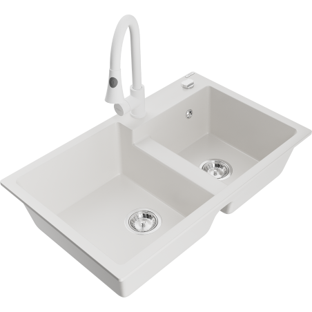 Mexen Tomas chiuvetă granit 2-camere cu baterie de bucătărie Elia, alb - 6516-20-670101-20