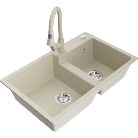 Mexen Tomas chiuvetă de bucătărie din granit cu 2 compartimente și robinet de bucătărie Elia, bej - 6516-69-670101-69