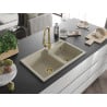 Chiuvetă din granit Mexen Tomas cu 2 compartimente și baterie de bucătărie Elia, bej - 6516-69-670101-50