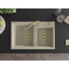 Chiuvetă din granit Mexen Tomas cu 2 compartimente și baterie de bucătărie Elia, bej - 6516-69-670101-50
