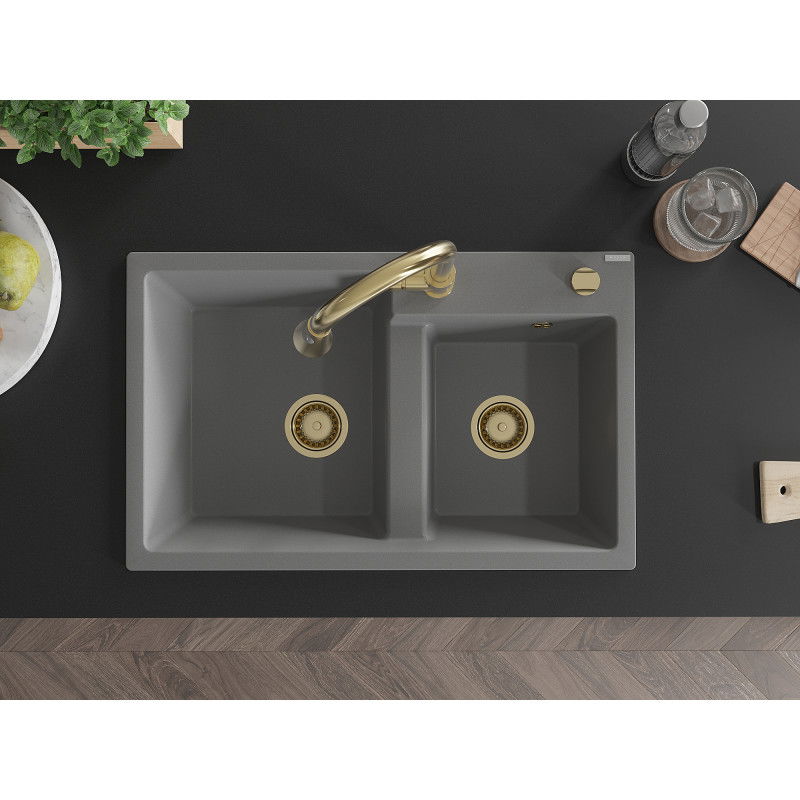 Mexen Tomas chiuvetă de bucătărie din granit cu 2 compartimente și baterie de bucătărie Elia, gri - 6516-71-670101-50