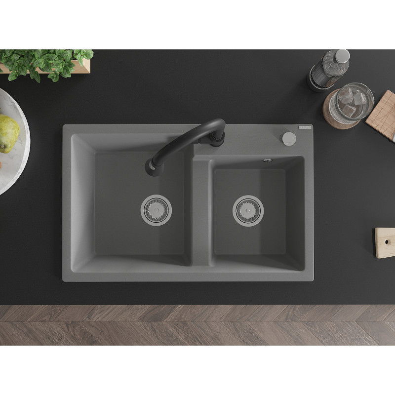 Mexen Tomas chiuvetă de granit cu 2 camere cu baterie de bucătărie Elia, gri - 6516-71-670101-70