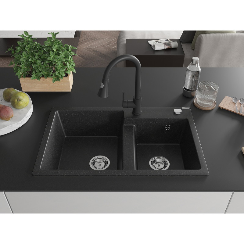 Mexen Tomas chiuvetă de bucătărie din granit cu 2 cuve cu baterie Elia, negru/argintiu metalizat - 6516-73-670101-70