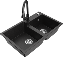 Mexen Tomas chiuvetă de bucătărie din granit cu 2 compartimente cu baterie Elia, negru/metalizat argintiu - 6516-73-670101-70