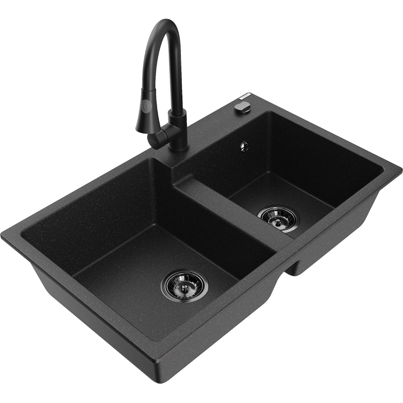 Mexen Tomas chiuvetă granit 2-camere cu baterie bucătărie Elia, negru/argintiu metalic - 6516-73-670101-70-B