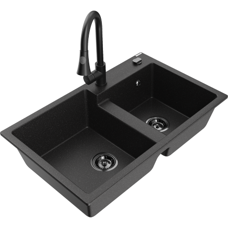 Mexen Tomas chiuvetă granit 2-camere cu baterie bucătărie Elia, negru/argintiu metalic - 6516-73-670101-70-B