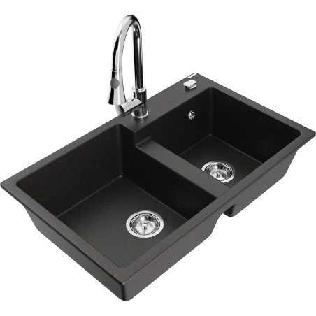 Mexen Tomas chiuvetă din granit cu 2 compartimente și baterie de bucătărie Elia, negru/auriu metalizat - 6516-75-670101-00