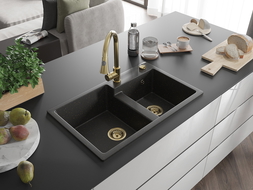Mexen Tomas chiuvetă de bucătărie din granit cu 2 compartimente și baterie Elia, negru/auriu metalic - 6516-75-670101-50