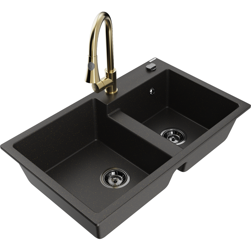 Mexen Tomas chiuvetă de granit cu 2 compartimente cu baterie de bucătărie Elia, negru/auriu metalic - 6516-75-670101-50-B